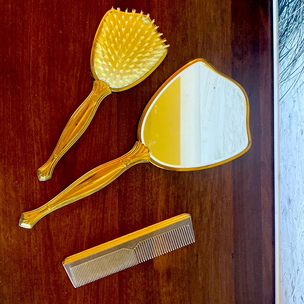 Vintage Handheld Mirror, Brush, & Comb